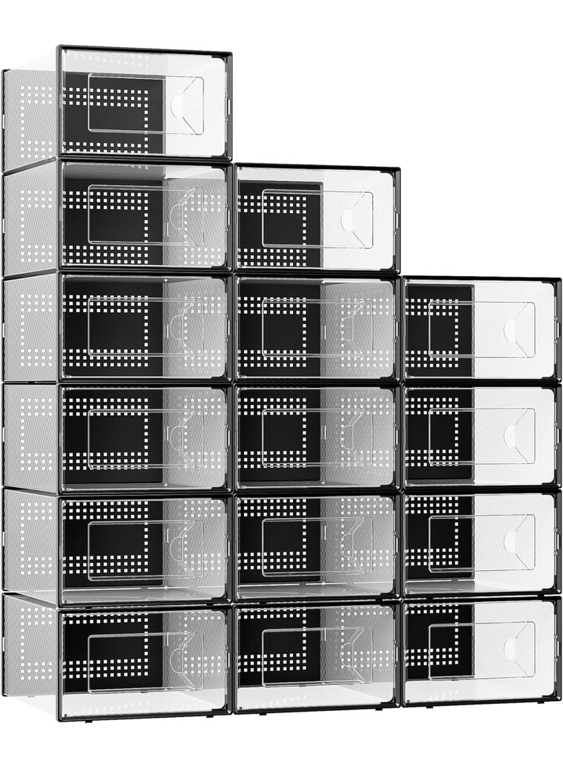 Bukela X-Large Shoe Storage Box, 15 Pack Clear Plastic Stackable Shoe Organizer for Closet, Interlocking Design Shoe Container Bins for Sneakers, Foldable Shoe Rack with Lids, Black - Image 1